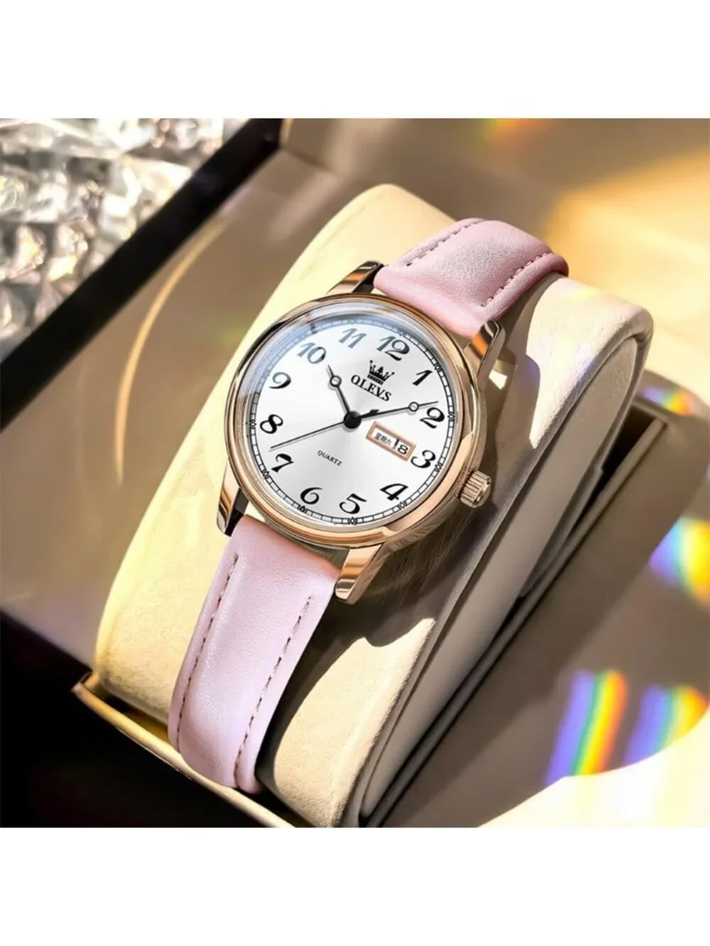 Olevs Women's Pink Vintage Leather Waterproof Reloj Mujer Quartz Luxury Watch